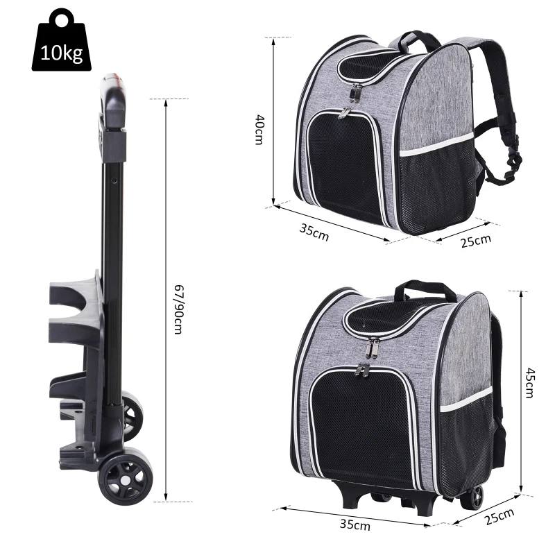 PawHut Pet Travel Trolley Suitcase Airline Suitable Carrier Backpack w/ Mesh Window Wheels and Padded Floor Grey