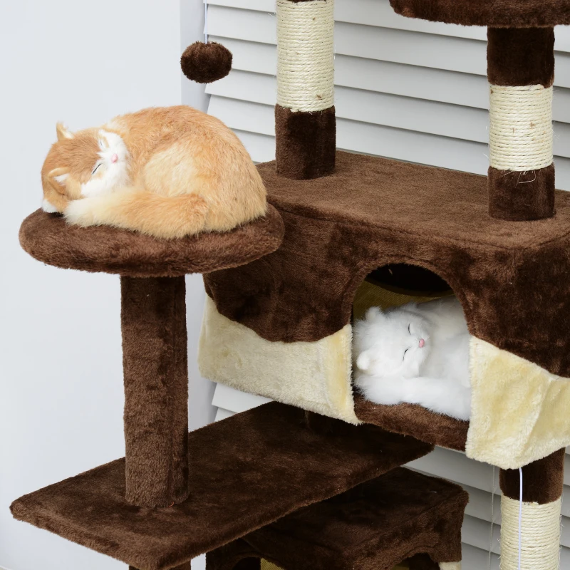 Pawhut Cat Tree Cat Condo W / Kitty Play Hammock-Coffee/Cream