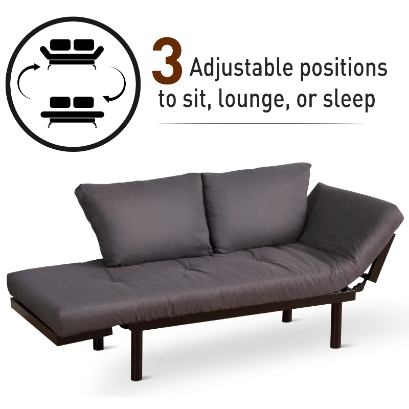 HOMCOM Convertible 3-Position Sofa Bed Couch Chaise Lounge w/ 5-Position Armrest Pillows 80x166cm Black