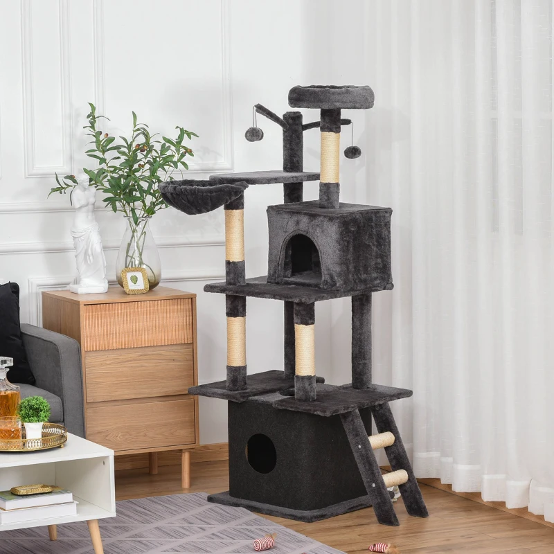 PawHut Cat Tree Tower for Indoor Cats 150cm Climbing Kitten Activity Center with Sisal Scratching Post Perch Hanging Ball Toy Hammock Ladder Double Condo Dark Grey