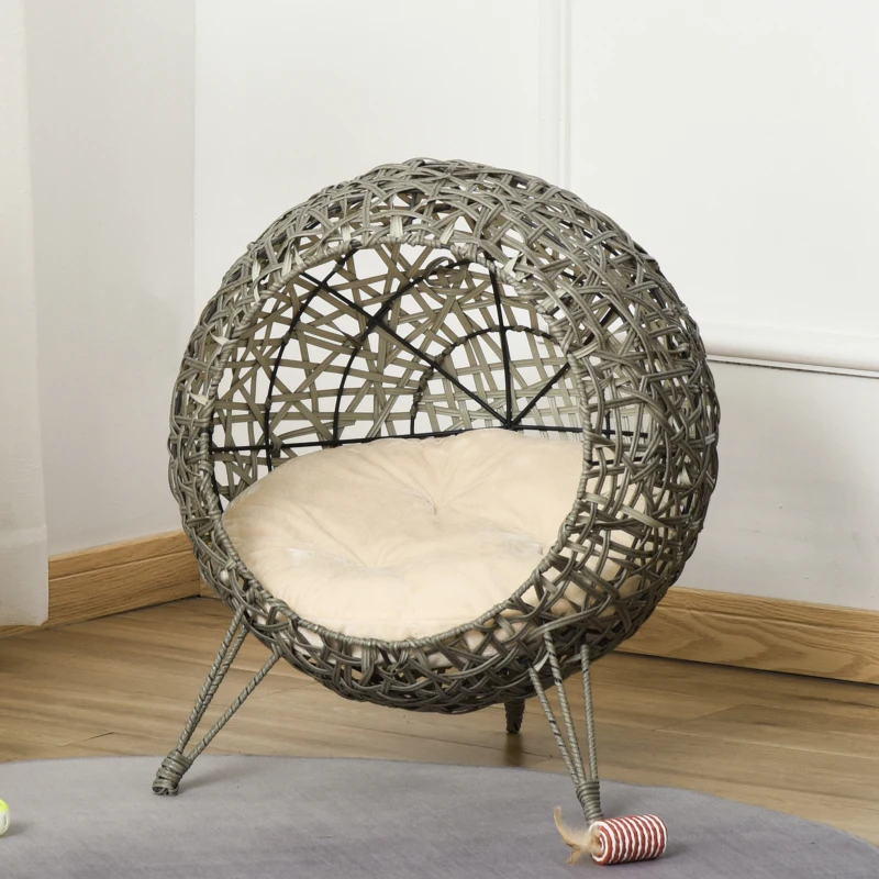 Pawhut Woven Rattan Wicker Elevated Cat Bed House Kitten Pussy Basket Ball Shaped Pet Furniture w/ Removable Cushion Smoky Grey 52 x 52 x 58 cm
