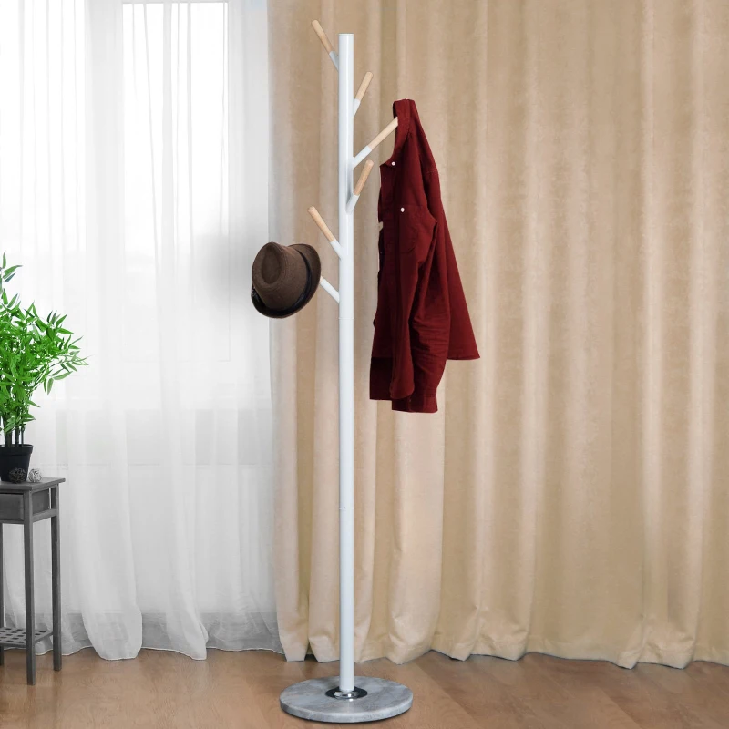 HOMCOM 174cm Free Standing Metal Coat Rack Stand with Marble Base 6 Hooks Clothes Tree Hat Display Hall Tree Hanger Bag Umbrella Hanging Organiser for Hallway Bedroom Waiting Room Living Room (White)