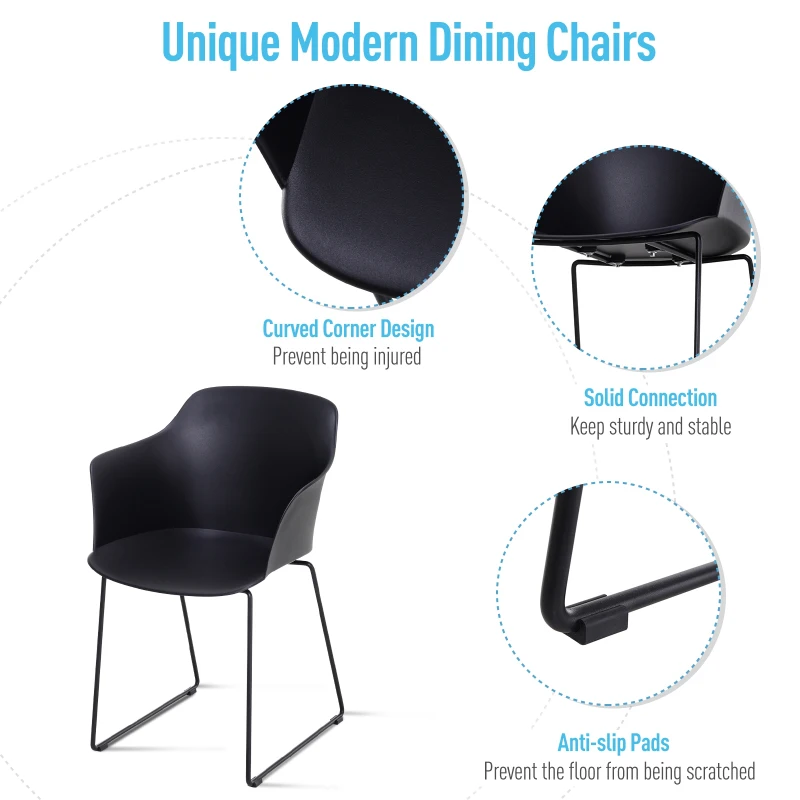 HOMCOM 2 PCs Curved Plastic Dining Chairs w/ Metal Base Black