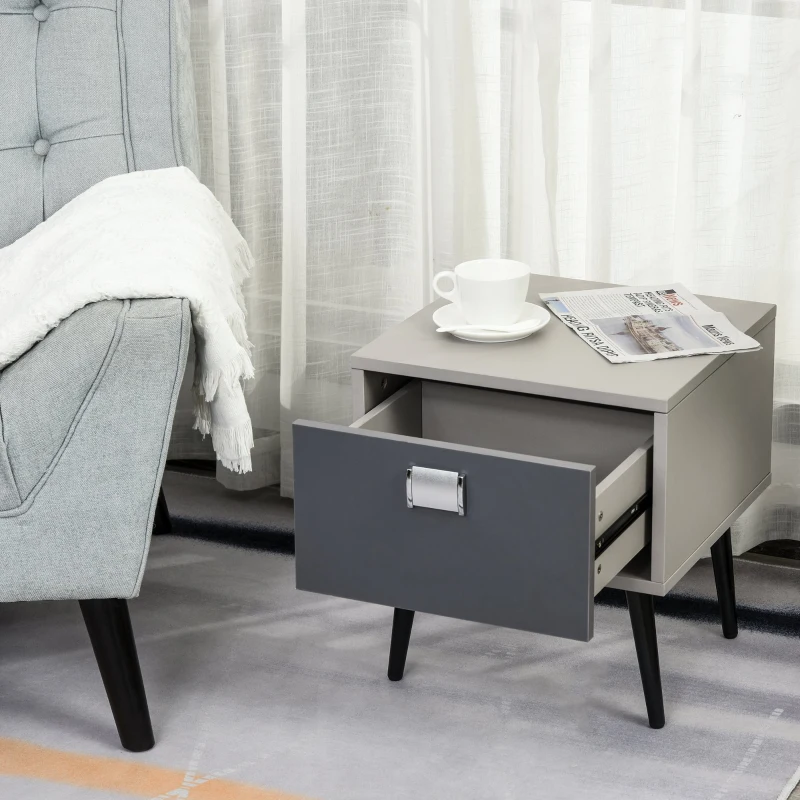 HOMCOM Retro Bedside Storage Table Stylish Nightstand Table w/ Drawer Metal Handle Legs Accent Bedroom Home Living Furniture Desk Grey