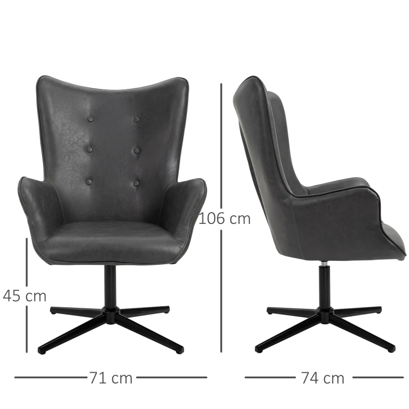 HOMCOM Retro Upholstered Swivel Accent Chair Executive Tufted w/ Metal Base Padding High Back Arms Home Office Comfort Style Seating 74L x 71W x 106H - Black