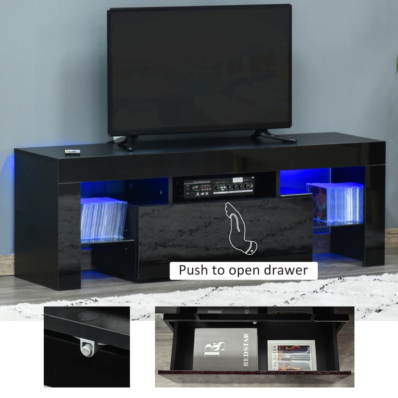 HOMCOM High Gloss TV Stand Cabinet with LED RGB Lights and Remote Control for 43"/50"/55" TV, Media TV Console Table with Compartment, Black