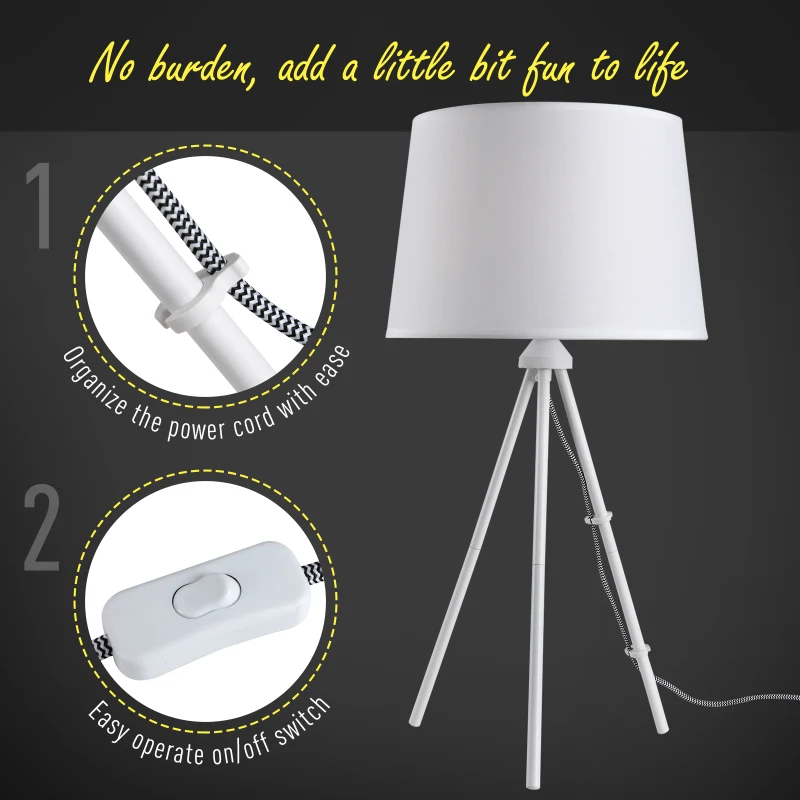 HOMCOM 40W Tripod Table Lamp Metal Base Fabric Shade Warm Light Bedroom Living Room Home w/ Switch Anti Slip Feet White