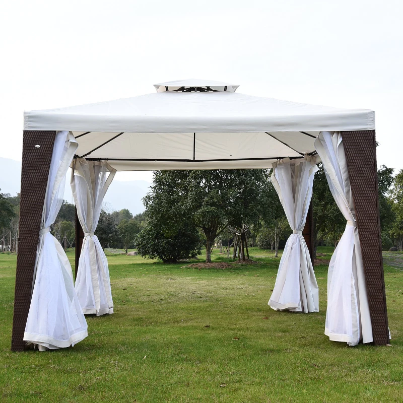 Outsunny 3x3 m Rattan Gazebo W/Curtain-Brown/Beige