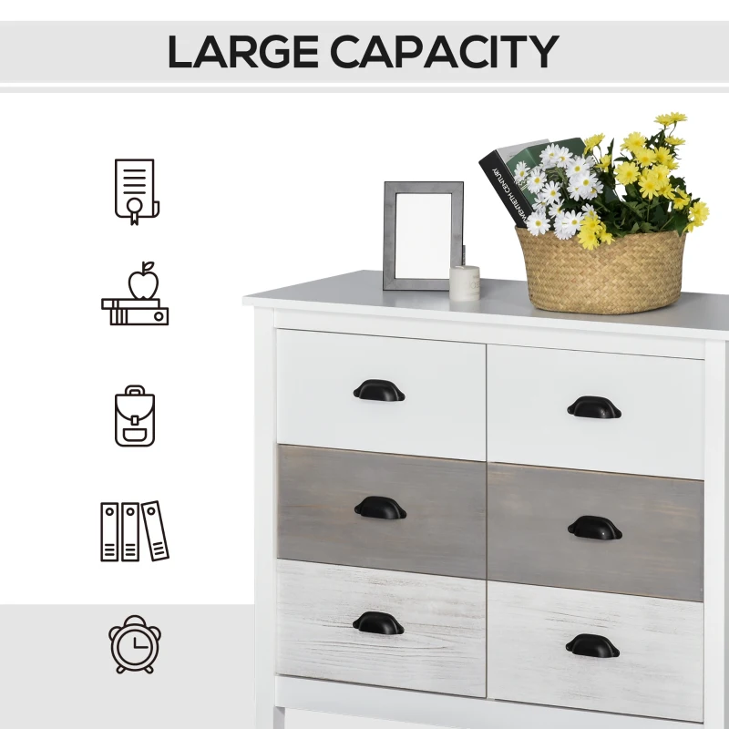 HOMCOM Chest of Drawers, Storage Cabinet, Sideboard Home Organizer 6-Drawer Unit Tower with Round Handle for Bedroom, Living Room, White Grey