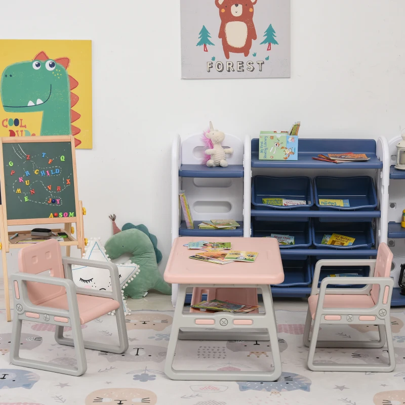 HOMCOM Kids Table and Chairs Set Activity Play Table Writting Desk w/ 2 High-Back Chairs Storage Tray for Boys Girls Toddlers Age 1 to 6 Years Pink