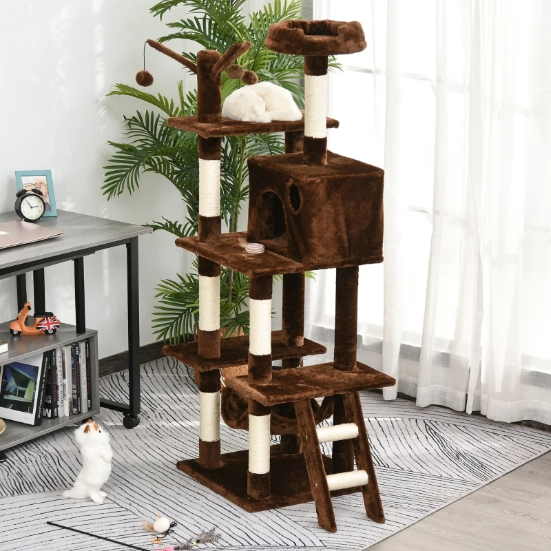 PawHut 155cm Plush Cat Tree for Indoor Cats Activity Center Sisal Scratching Post Basket Hammock Perch Condo Brown