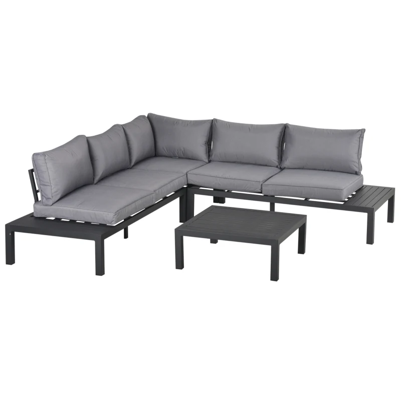 Outsunny 4 Pieces L-shape Aluminium Garden Corner Sofa Set with Padded Cushions Outdoor Furniture with Coffee Table for Patio Backyard Grey