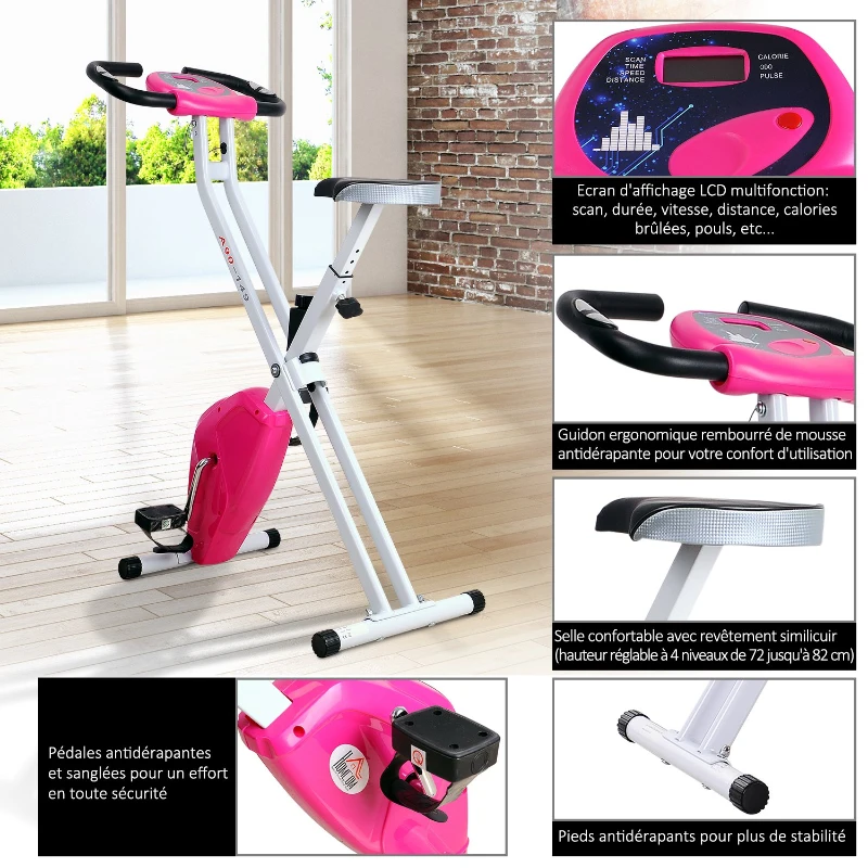 HOMCOM Folding Exercise Bike LCD Monitor Home Gym Exercise Adjustable Tension Padded Seat Heart Rate Monitor Pulse Sensor Pink