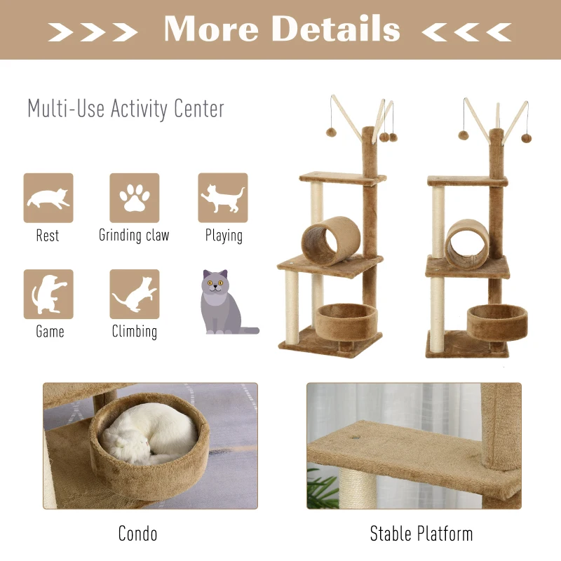 PawHut Cat Tree for Indoor Cats 121cm Kitten Tower Sisal Scratching Post Pet Activity Center Perch Condo Hanging Ball Brown