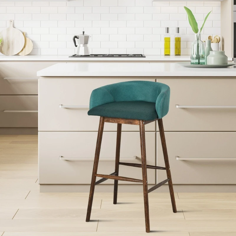 HOMCOM Oak Wood Upholstered Dining Bar Stool Green