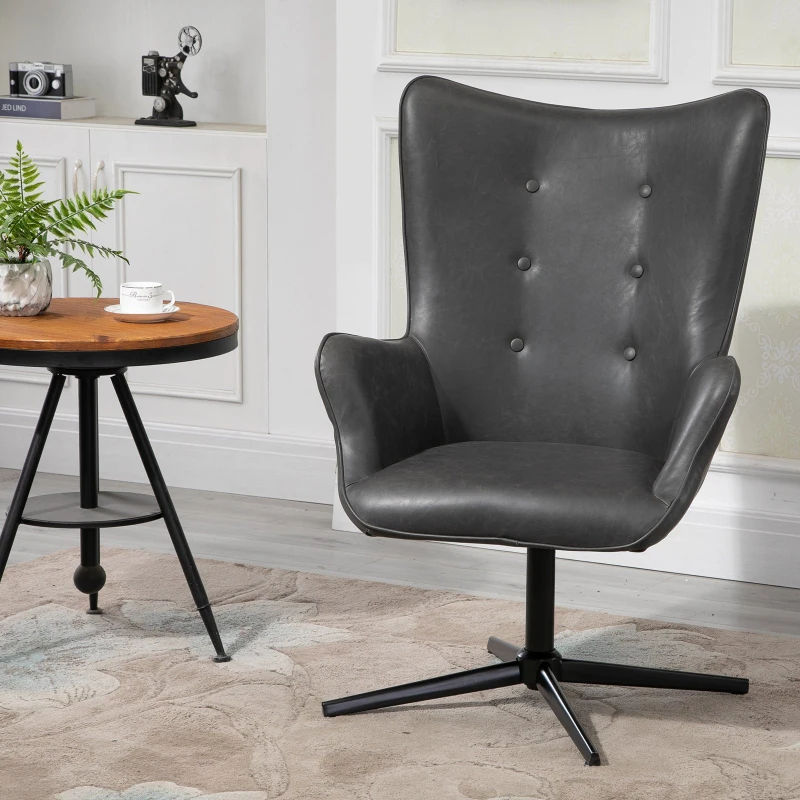 HOMCOM Retro Upholstered Swivel Accent Chair Executive Tufted w/ Metal Base Padding High Back Arms Home Office Comfort Style Seating 74L x 71W x 106H - Black