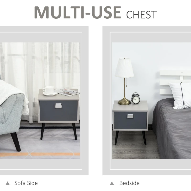 HOMCOM Retro Bedside Storage Table Stylish Nightstand Table w/ Drawer Metal Handle Legs Accent Bedroom Home Living Furniture Desk Grey