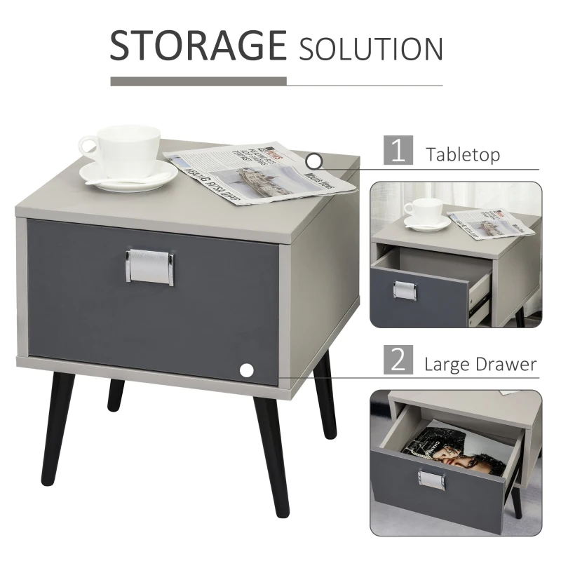 HOMCOM Retro Bedside Storage Table Stylish Nightstand Table w/ Drawer Metal Handle Legs Accent Bedroom Home Living Furniture Desk Grey