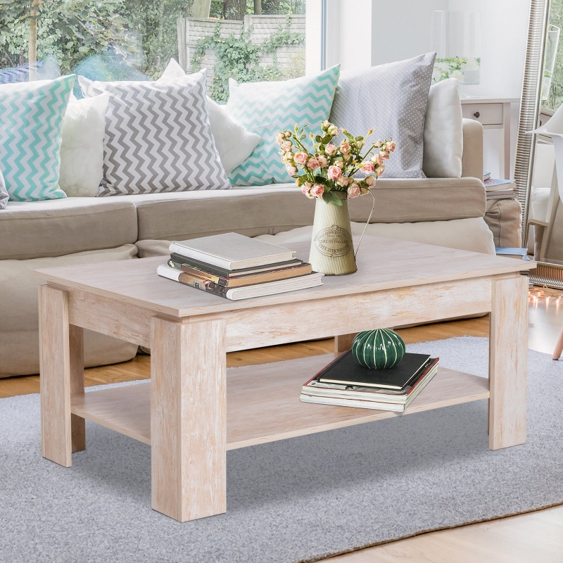 HOMCOM 2-Tier Coffee Table W/Storage Shelf, 110Lx65Wx47H cm-Wood Grain Colour