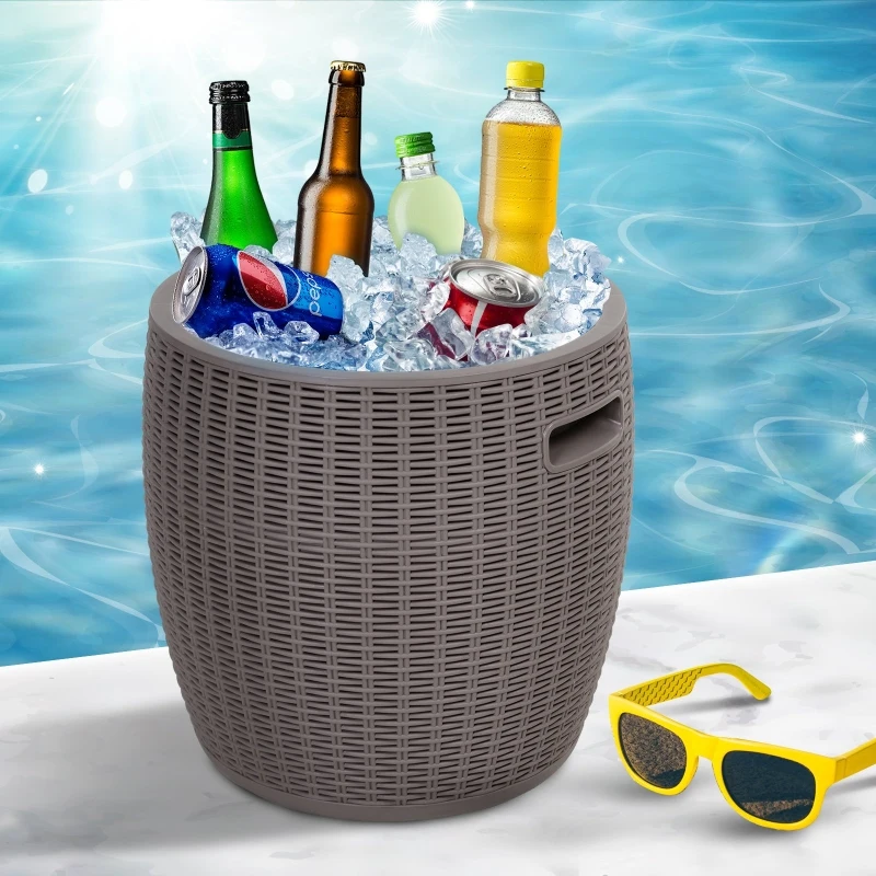 Outsunny 45L Outdoor Patio Rattan Effect Cooler Wicker Knit Round Stool Bar Table Garden Furniture Bucket - Grey