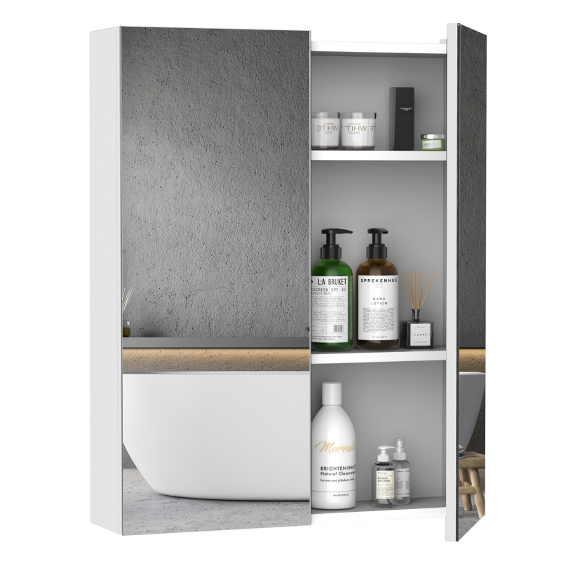 HOMCOM Wall Mount Mirror Cabinet Bathroom Storage 3-Tier Shelf Inside Double Door, 75x60x15 cm-White