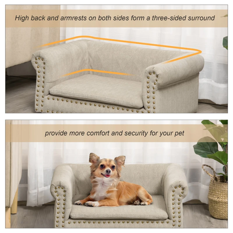 PawHut Dog Sofa with Soft Cushion, Pet Bed Cat Chair Couch with Water Resistant Fabric, Sponge Padded, Washable Cover, Easy Installation, Wooden Legs for Mini Sized Dogs - Khaki