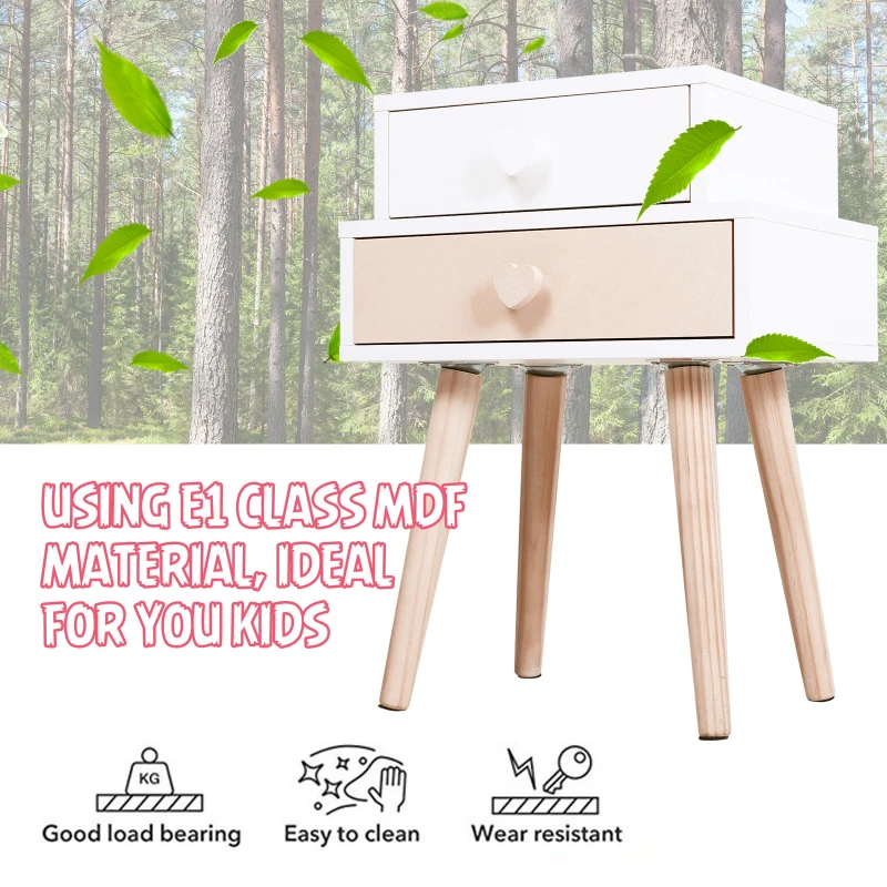 HOMCOM Children Bedside Table Set of 2 w/ Two Drawers Bedroom Kids Storage Cabinet Chest Pink & White 42 x 30 x 57 cm