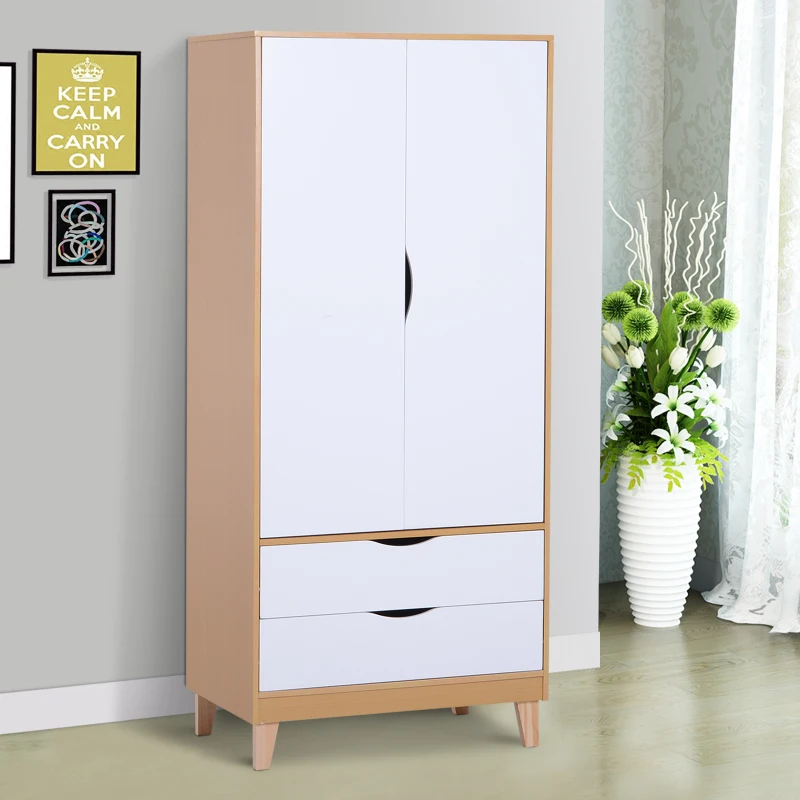 HOMCOM Scandinavian Style  Wardrobe W/2 Drawers, 79Lx50Dx180H cm-Natural Wood/White Colour