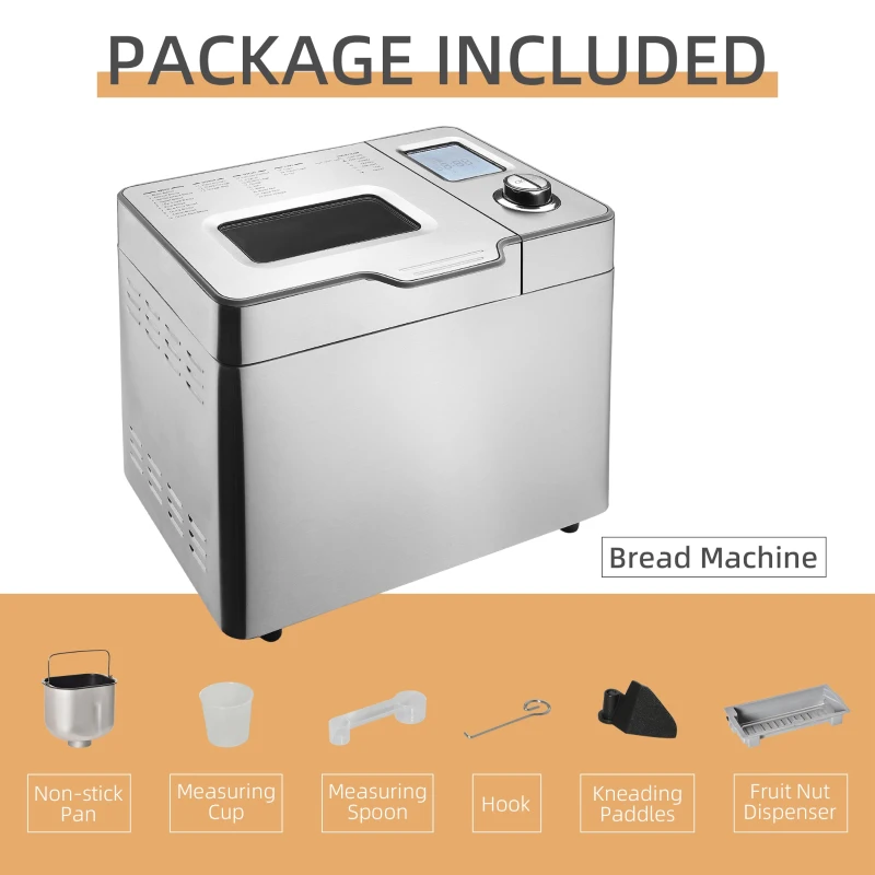 HOMCOM 25 in 1 Bread Maker Machine 0.9 KG Capacity Programmable Stainless Steel Dough Maker with Auto Fruit Nut Dispenser Nonstick Pan 3 Loaf Sizes 3 Crust Colours Keep Warm Time Delay, 550W