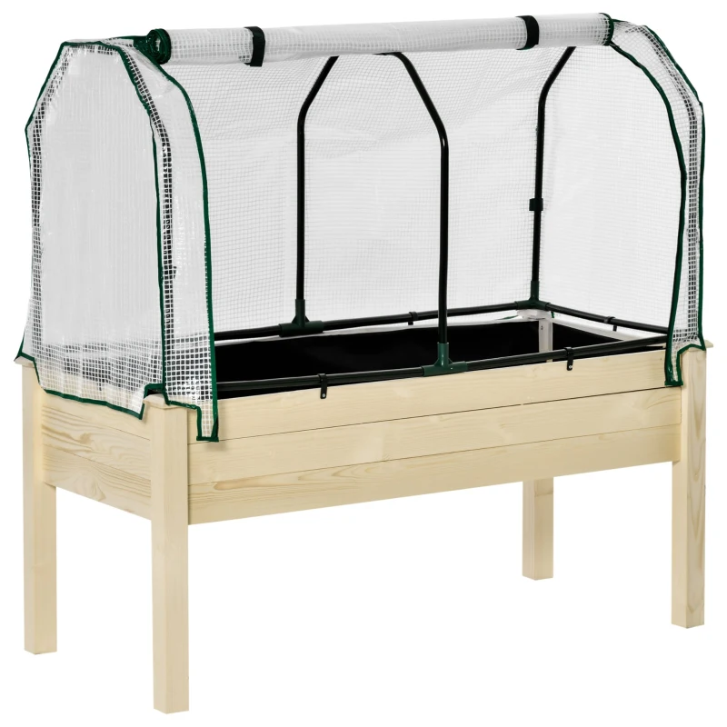 Outsunny Raised Garden Bed Outdoor Elevated Wood Planter Box w/ PE Cover, Natural