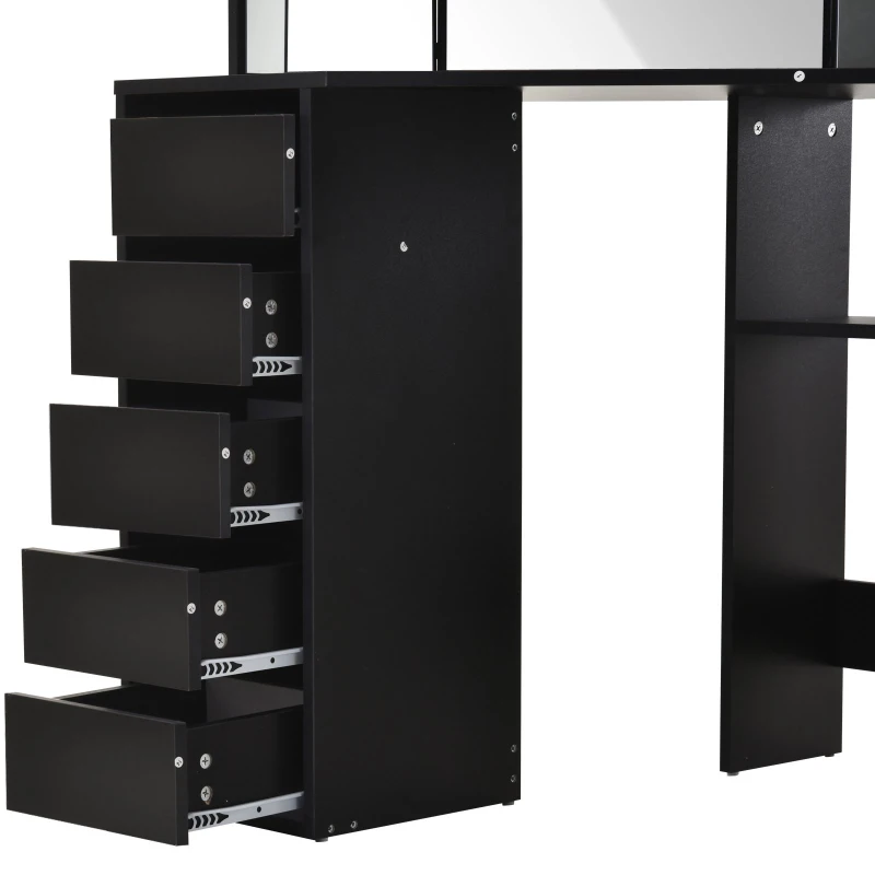 HOMCOM Elegant Dressing Table w/ Tri-Mirror 5 Drawers 2 Shelves Vanity Dresser Black