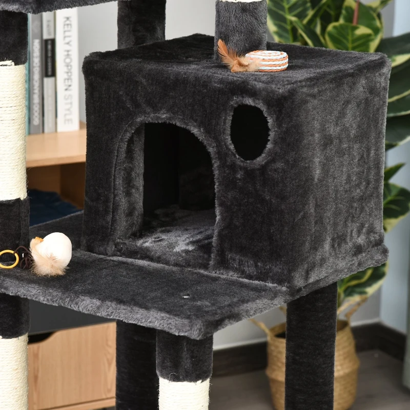 PawHut 155cm Plush Cat Tree for Indoor Cats Activity Center Sisal Scratching Post Basket Hammock Perch Condo Dark Grey