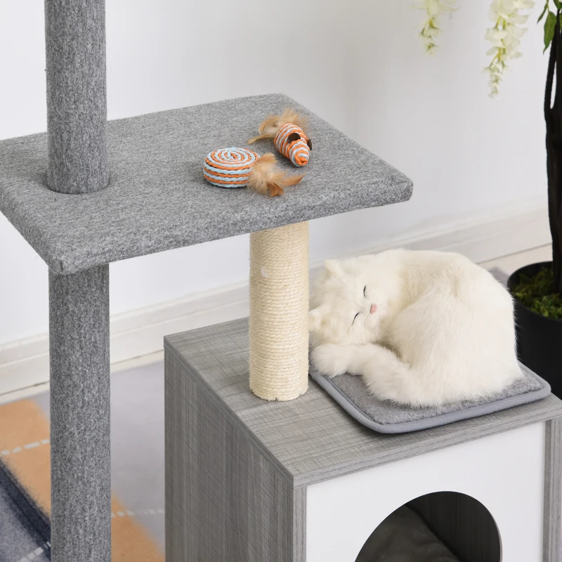 PawHut Cats Particle Board 3-Tier Scratching Tree House Grey