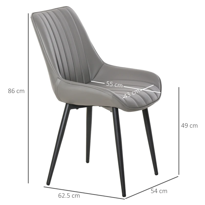 HOMCOM Set Of 2 PU Dining Chairs w/ Cushion Seat Steel Legs Foot Pads Ergonomic Back Home Kitchen Grey