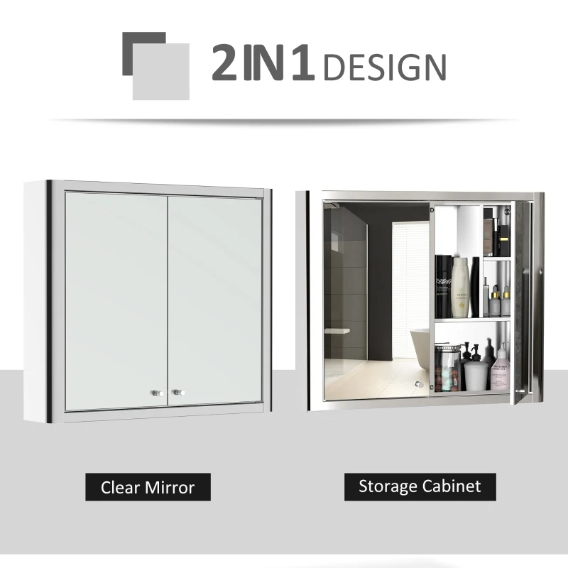 kleankin 7 Compartment Mirrored Bathroom Storage Cabinet On-Wall Steel Frame w/ 2 Doors Double Reflection Shelves Home Vanity Silver Tone