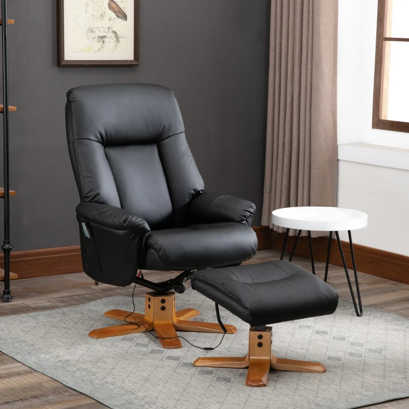 HOMCOM Electric Massage Recliner Chair with Ottoman, Faux Leather Swivel Recliner with Remote Control and 5 Modes for Living Room, Black