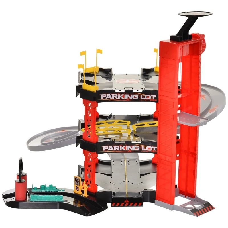 HOMCOM 55 Pcs Kids Parking Lot Play Set 3 Storey Garage Playset Cars Helicopter Elevator Slopes Traffic Accessories Fun Racetrack for 3 Year Old +