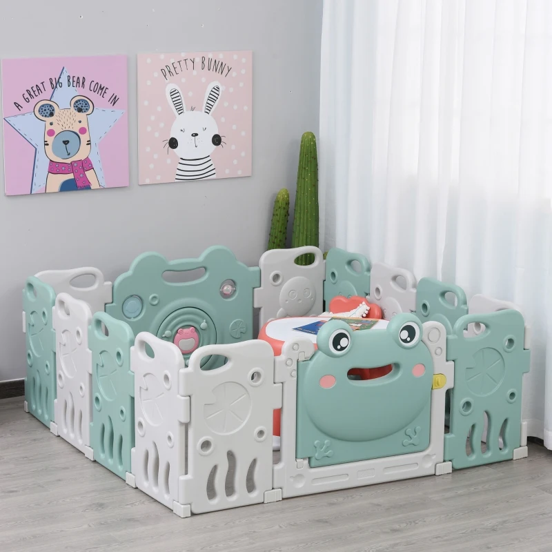 HOMCOM Babies 14-Panel HDPE Playpen Green