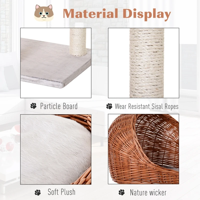 PawHut 4 Tier Cat Tree for Indoor Cats Activity Center Willow Platforms Kitty Scratcher Play Tower Toy Condo 110 cm