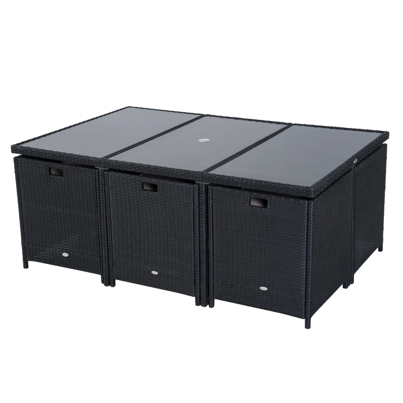 Outsunny Outdoor 11pc Rattan Garden Furniture Patio Dining Set 10-seater Cube Sofa Weave Wicker 6 Chairs 4 Footrests & 1 Table - Black