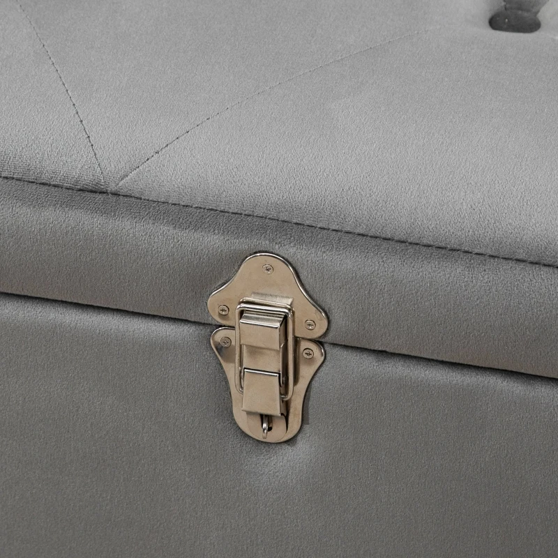 HOMCOM Elegant Velvet Footstool Storage Trunk Stool Silver Chest Ottoman Wood Legs Button Tufted Home Luxe Tidy Stylish Grey 40x52x107cm