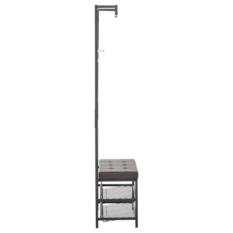HOMCOM 5 Hook Metal Rail Hallway Coat Hanger w/ 2-Tier Shoe Bench Black