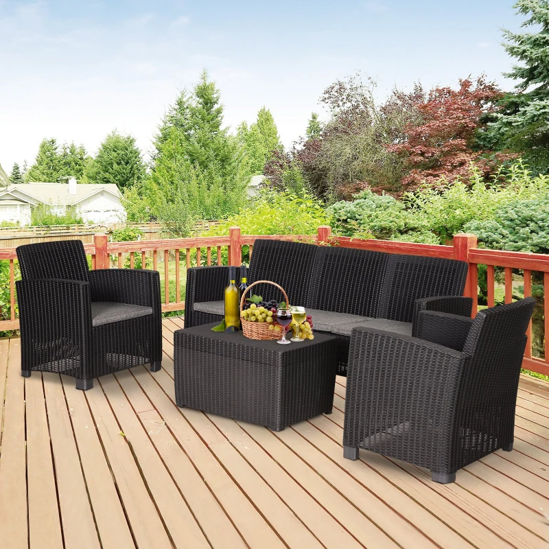 Outsunny Garden PP Rattan Style Sofa Table Set 5 Seater Outdoor Patio 2 Single Chairs & 1 Bench Conservatory Furniture Cushioned - Black