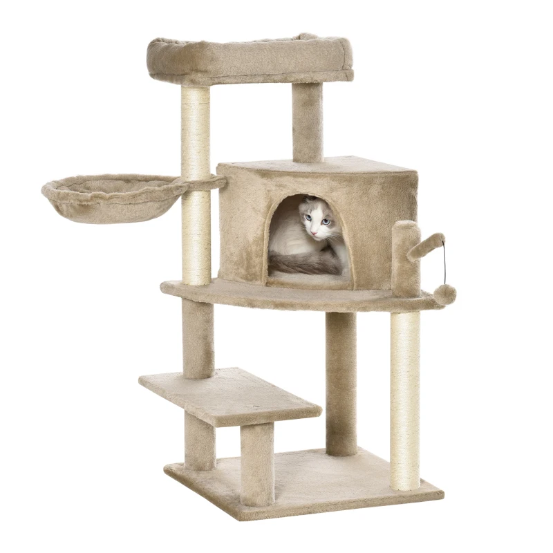 PawHut Cat Tree Tower for Indoor Cats 100cm Climbing Kitten Activity Centre with Sisal Scratching Post Perch Roomy Condo Hammock Bed Hanging Toy, Brown