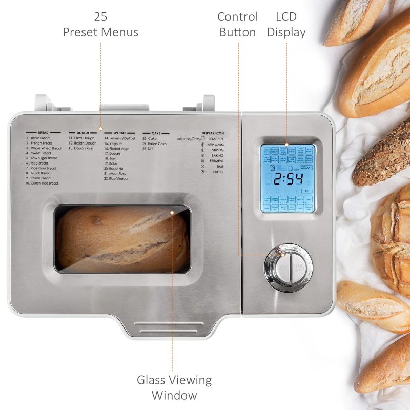 HOMCOM 25 in 1 Bread Maker Machine 0.9 KG Capacity Programmable Stainless Steel Dough Maker with Auto Fruit Nut Dispenser Nonstick Pan 3 Loaf Sizes 3 Crust Colours Keep Warm Time Delay, 550W