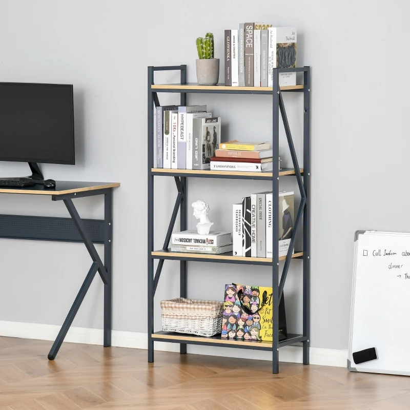 HOMCOM Industrial 4-Tier Bookcase Storage Organizer, Display Rack Open Floor Standing Shelving Unit with Metal Frame for Home Office Study, Blue