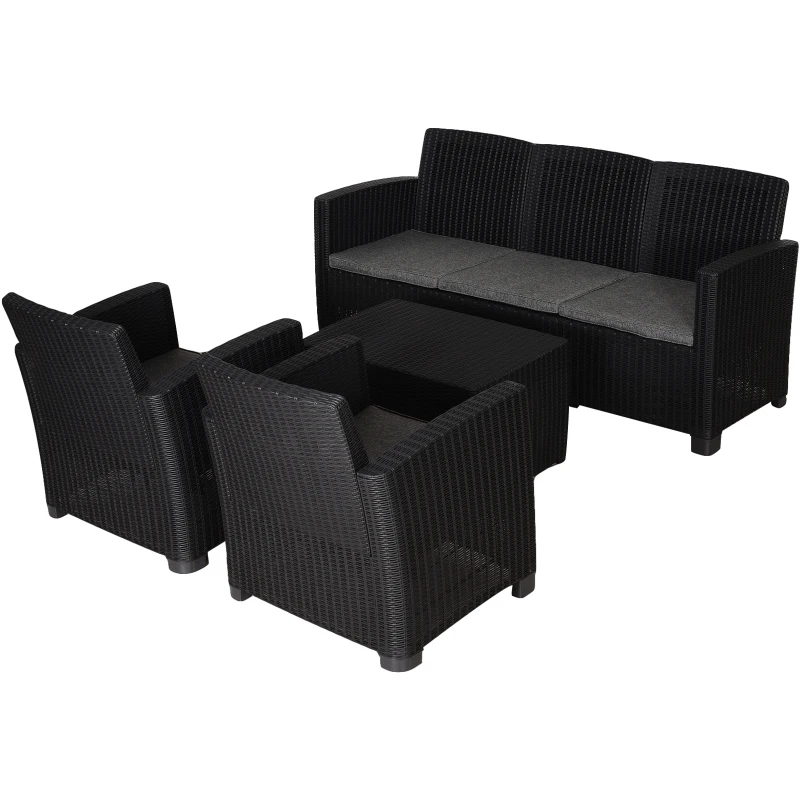 Outsunny Garden PP Rattan Style Sofa Table Set 5 Seater Outdoor Patio 2 Single Chairs & 1 Bench Conservatory Furniture Cushioned - Black