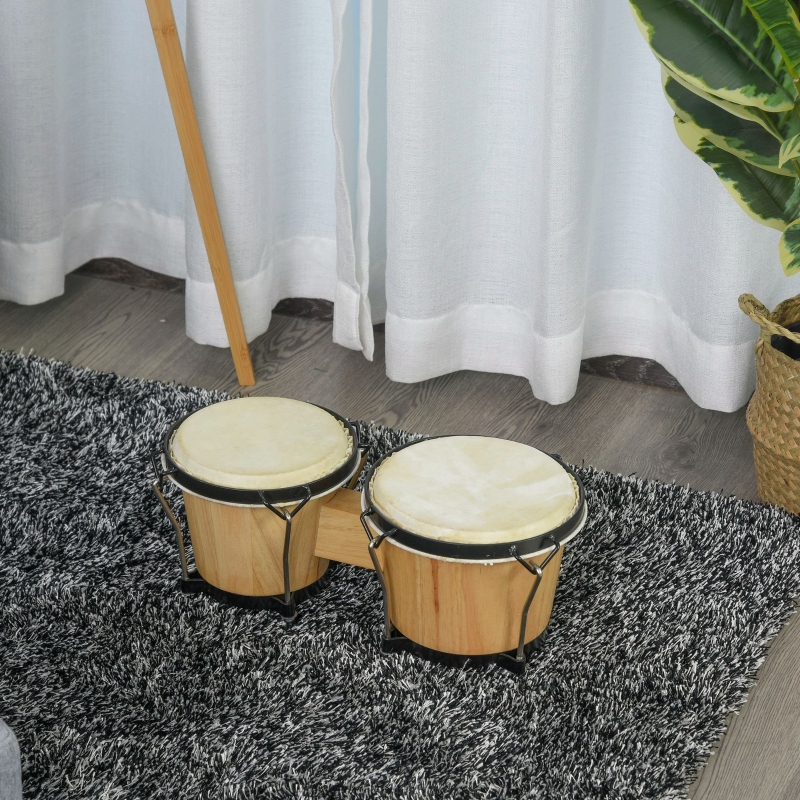 HOMCOM Sheepskin Bongo Drums w/ Tuning Wrench