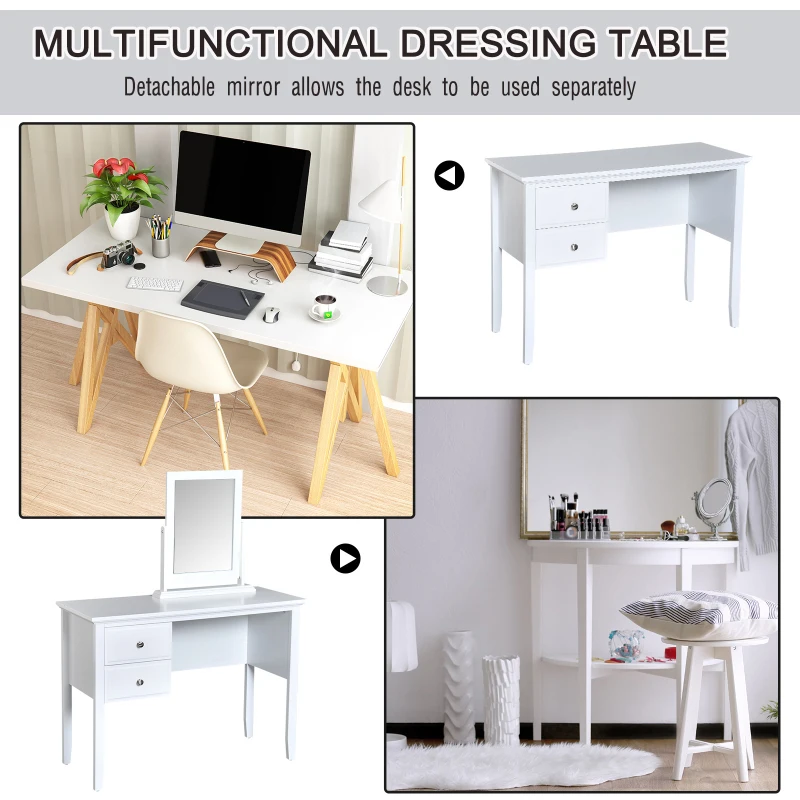 HOMCOM MDF Dressing Table Makeup Vanity Desk with 2 Drawers & Mirror Bedroom Furniture 100 x 40 x 73 cm White