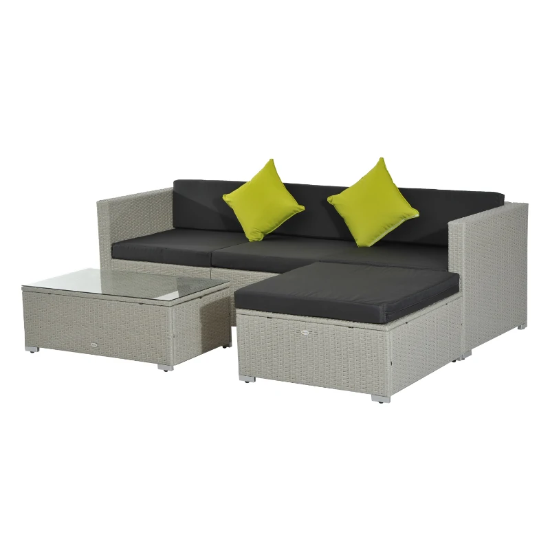 Outsunny 5 Piece Rattan Garden Furniture Set, Outdoor Corner Sofa with 67 cm Wide & Deep Seat, Sectional Outdoor Furniture Conversation Set with Cushions, Glass Top Coffee Table for Patio, Grey